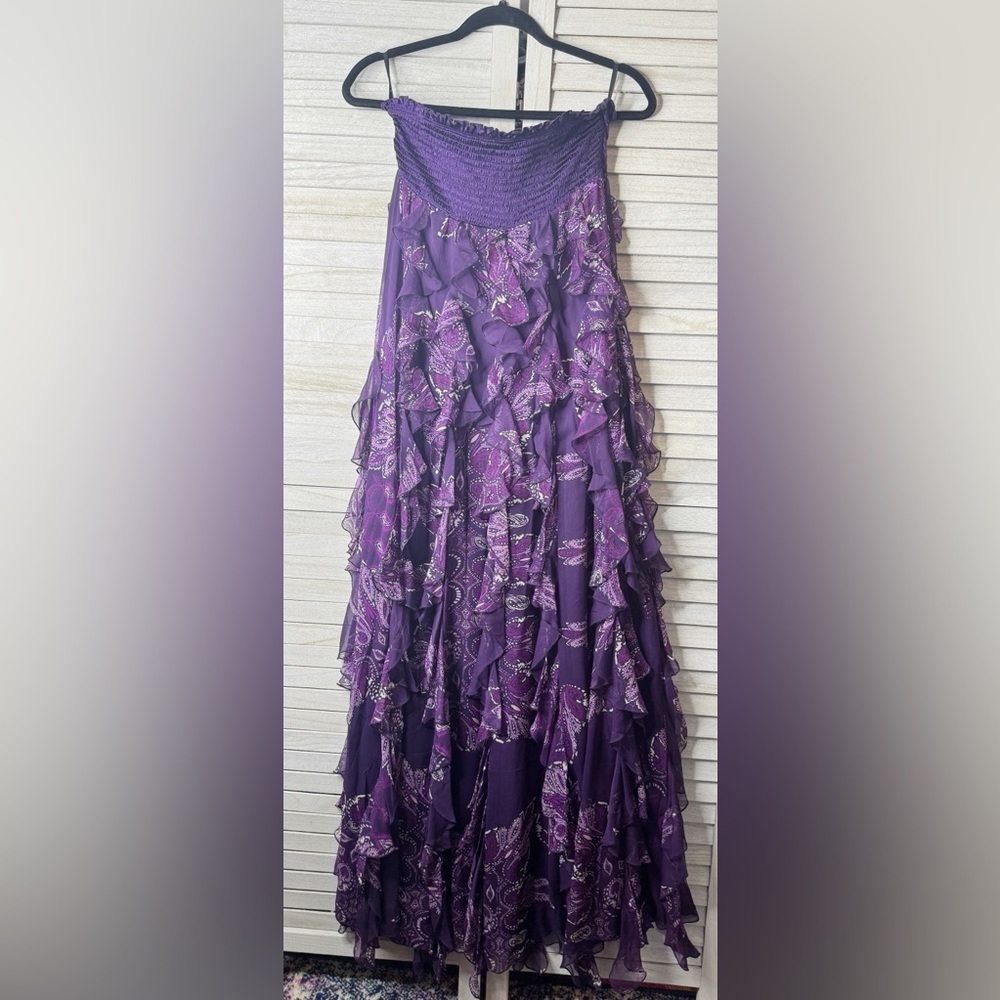 bebe Purple Strapless Ruffle Maxi Dress Cruise Medium NWT Romantic Resort Glam - Picture 3 of 9